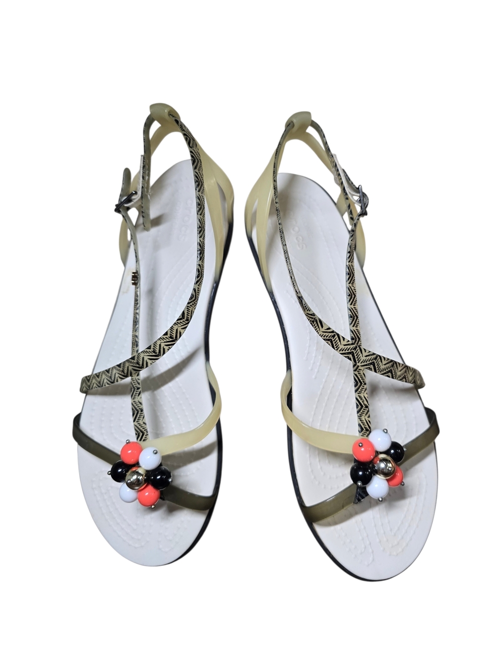 Crocs Women's Size 8 Sexi Aliana Strappy Sandals Black White Beaded Flower - Picture 3 of 5